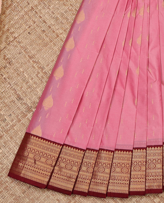 Pink Budget Silk Saree, Elevated with Zari Buttas All Over Its Body, Complemented by a Contrast Traditional Zari Border, Grand Pallu, and Paired with a Contrast Blouse