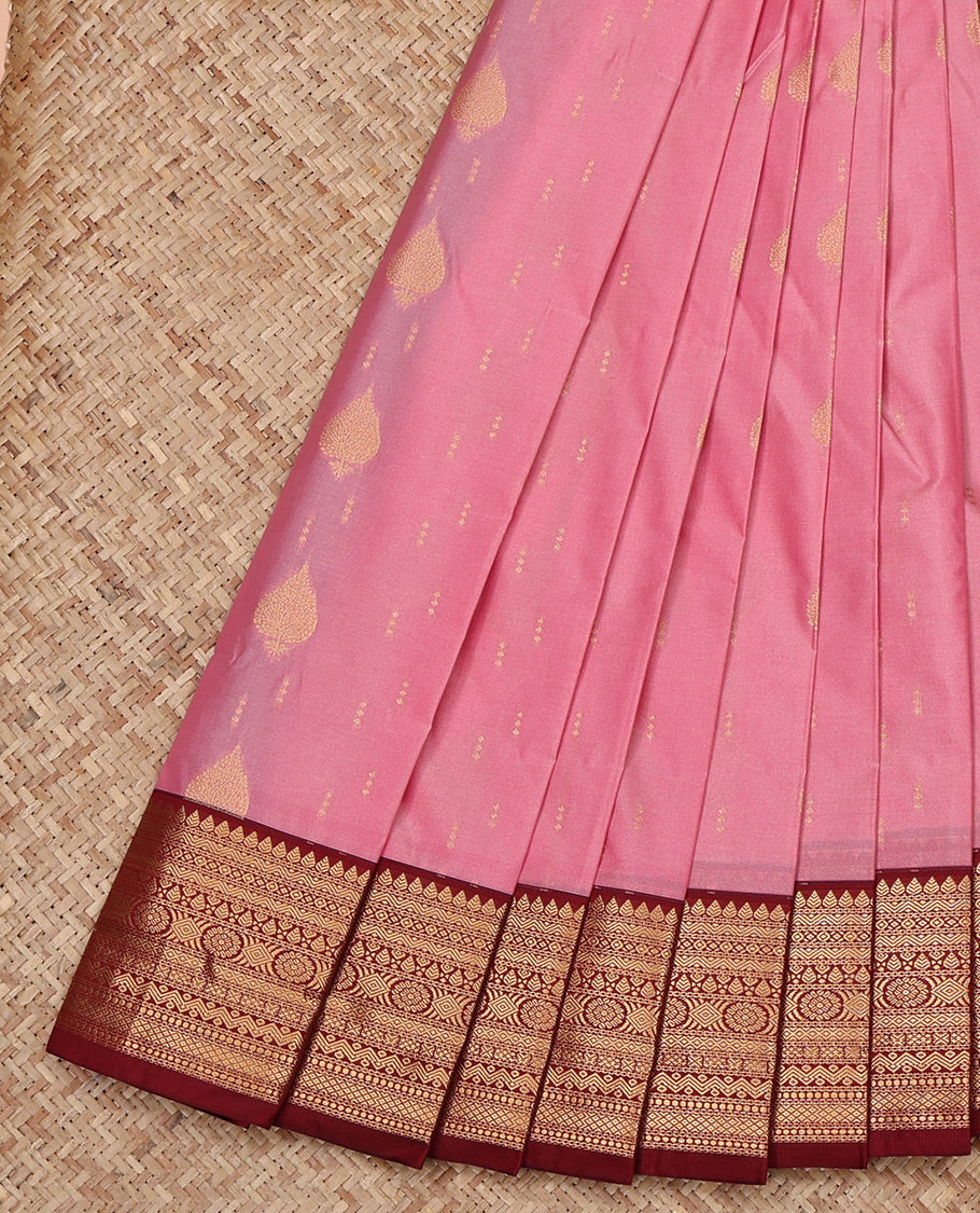 Pink Budget Silk Saree, Elevated with Zari Buttas All Over Its Body, Complemented by a Contrast Traditional Zari Border, Grand Pallu, and Paired with a Contrast Blouse