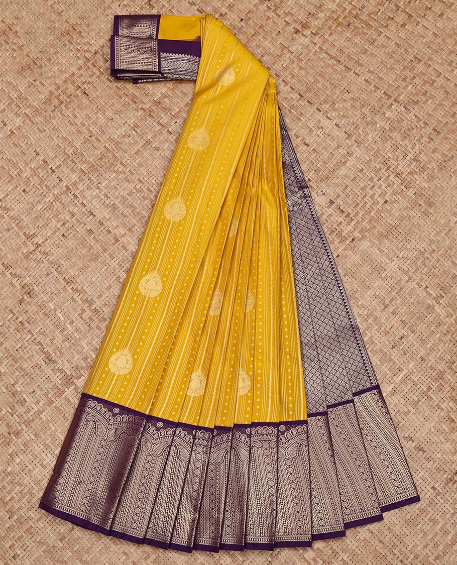 Yellow Budget Silk Saree, Decorated with Zari Buttas and Zari Stripes on Its Body, Complemented by a Contrast Geometric Zari Design Border, Grand Jaal Pallu, and Paired with a Contrast Blouse