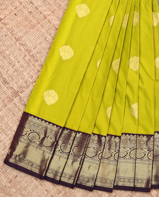 Parrot Green Budget Silk Saree, Woven with Zari Buttas on Its Body, Complemented by a Contrast Traditional Zari Design Border, Pallu of Jaal Design, and Paired with a Contrast Blouse