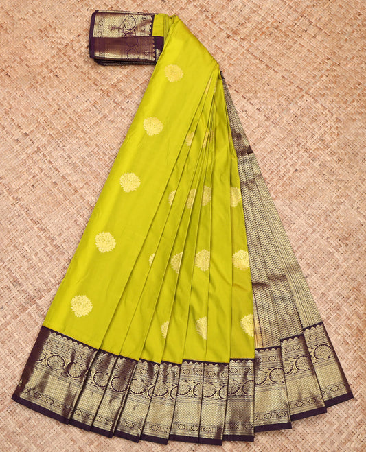 Parrot Green Budget Silk Saree, Woven with Zari Buttas on Its Body, Complemented by a Contrast Traditional Zari Design Border, Pallu of Jaal Design, and Paired with a Contrast Blouse