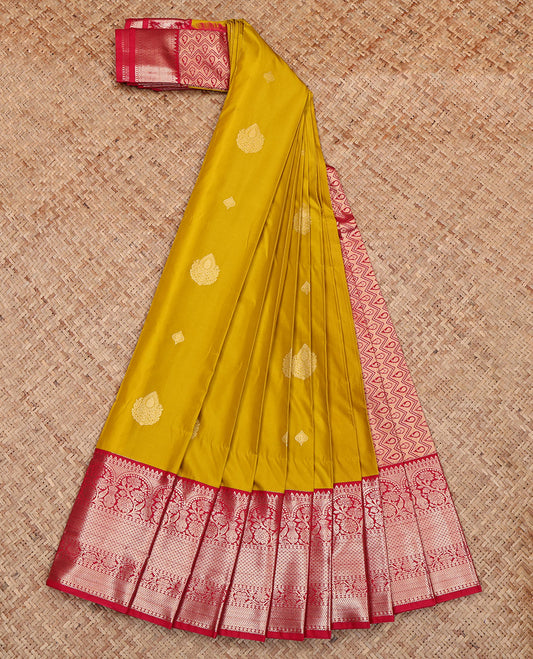 Yellow Budget Silk Saree, Sparsely Sparkled with Zari Buttas, Complemented by Contrast Traditional Zari Border, Grand Pallu and a Contrast Blouse