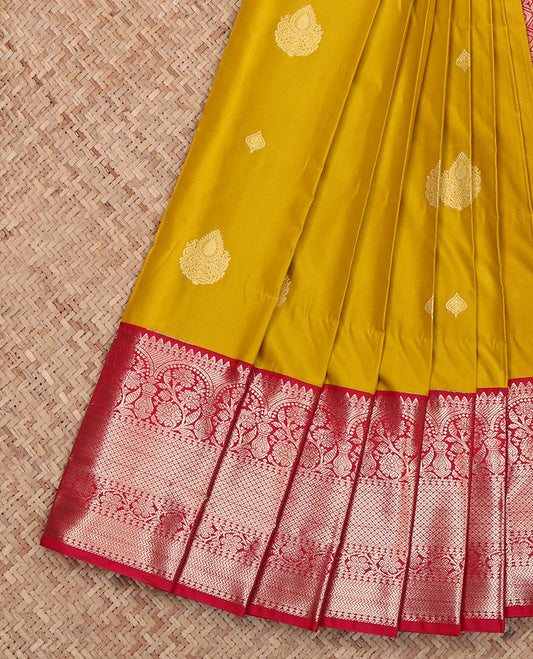 Yellow Budget Silk Saree, Sparsely Sparkled with Zari Buttas, Complemented by Contrast Traditional Zari Border, Grand Pallu and a Contrast Blouse