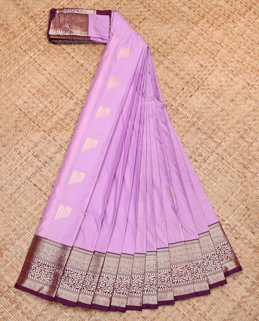 Lavender Budget Silk Saree, Enriched with Zari Buttas, Complemented by a Contrast Traditional Zari Border, Pallu of Paisleys, and a Contrast Blouse