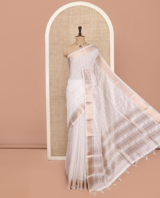 White Assam Silk Saree, Enthralled with Checks, Highlighted by a Traditional Zari Border, Zari-Striped Pallu, and a Contrast Blouse