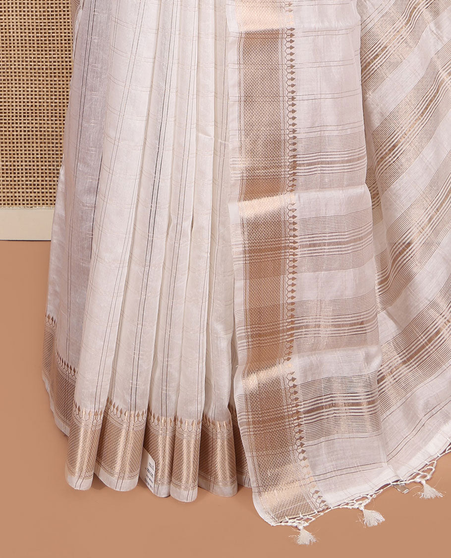 White Assam Silk Saree, Enthralled with Checks, Highlighted by a Traditional Zari Border, Zari-Striped Pallu, and a Contrast Blouse