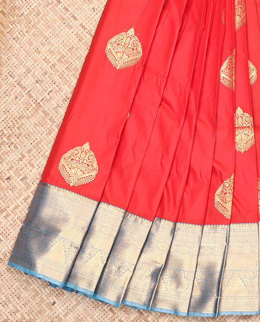 Red Budget Silk Saree, Accentuated with Zari Buttas, Contrast Traditional Zari Border, Grand Pallu, and a Contrast Blouse