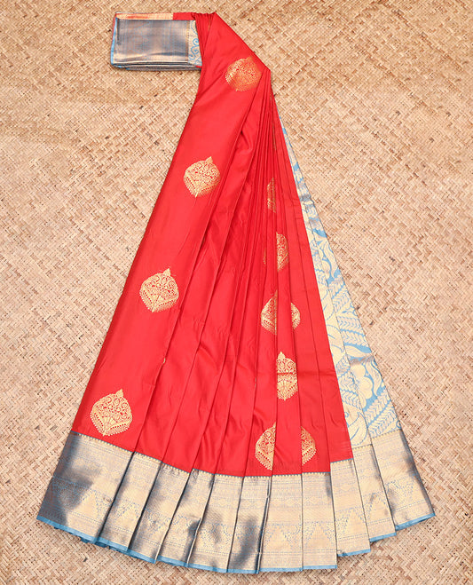 Red Budget Silk Saree, Accentuated with Zari Buttas, Contrast Traditional Zari Border, Grand Pallu, and a Contrast Blouse