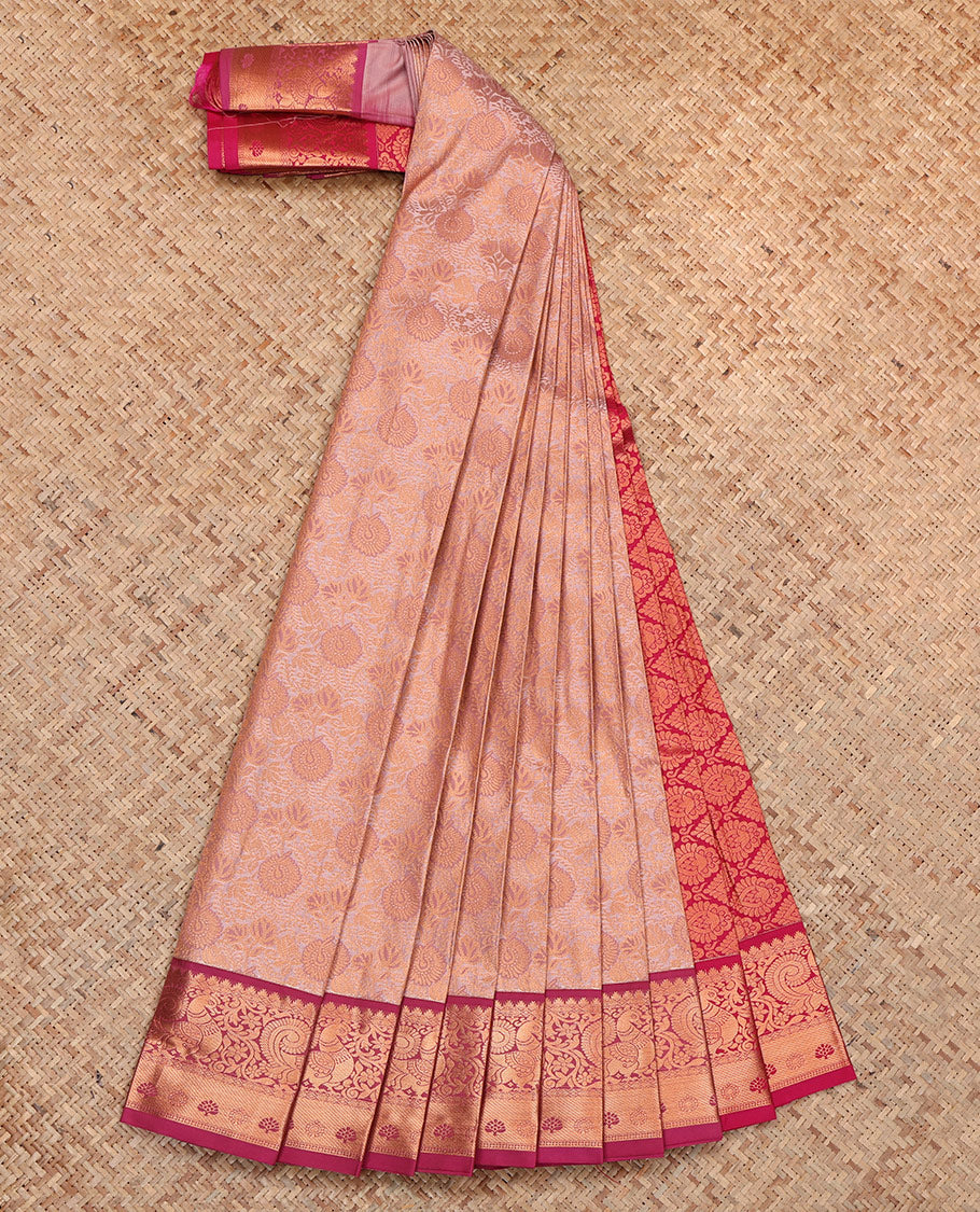 Peach Budget Silk Saree, Finely Crafted with Jacquard, Complemented by Contrast Traditional Zari Border,  Grand Pallu, and a Contrast Blouse