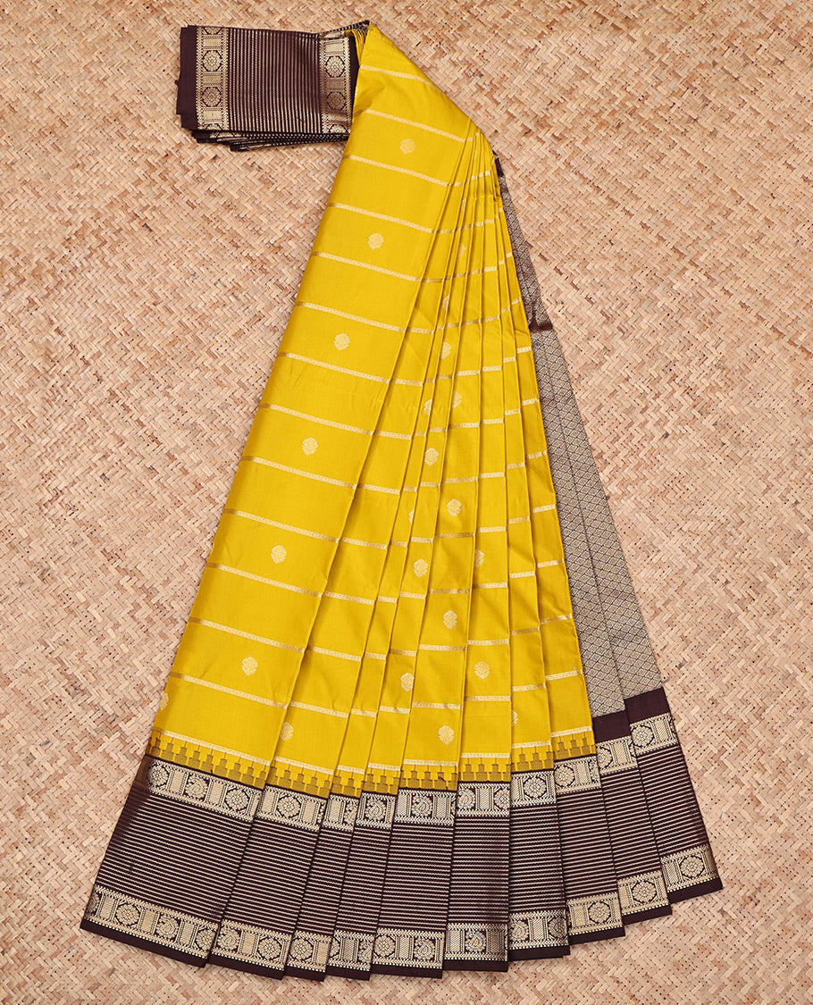 Yellow Budget Silk Saree, Ornamented with Zari Buttas and Stripes, Complemented by a Contrast Traditional Zari Border, Grand Pallu, and a Contrast Blouse