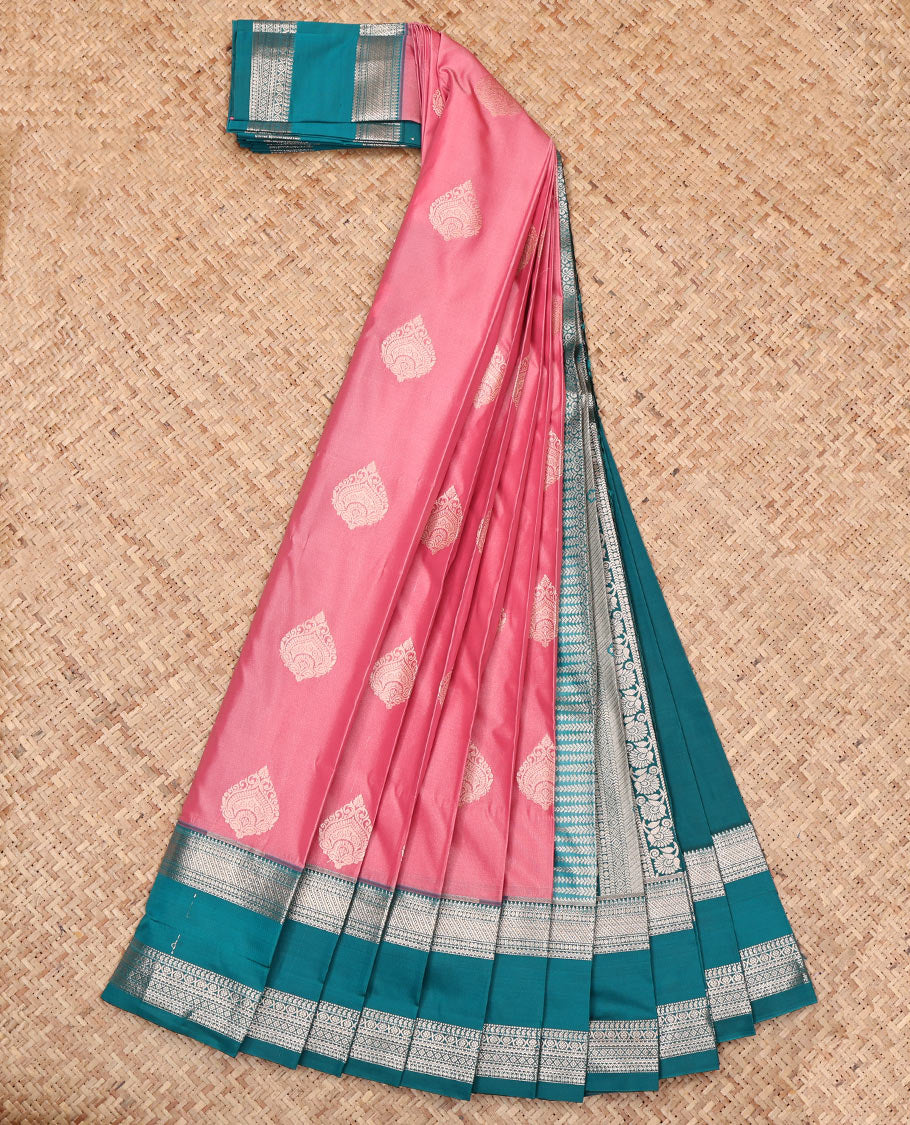 Pink Budget Silk Saree, Adorned with Zari Buttas, Complemented by a Contrast Rettai Pettu Traditional Zari Border, Grand Pallu, and Contrast Blouse