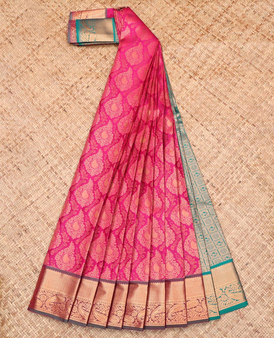Pink Budget Silk Saree Featuring Jacquard Design, Complemented by a Contrast Traditional Zari Border, Grand Pallu, and a Contrast Blouse