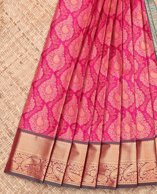 Pink Budget Silk Saree Featuring Jacquard Design, Complemented by a Contrast Traditional Zari Border, Grand Pallu, and a Contrast Blouse