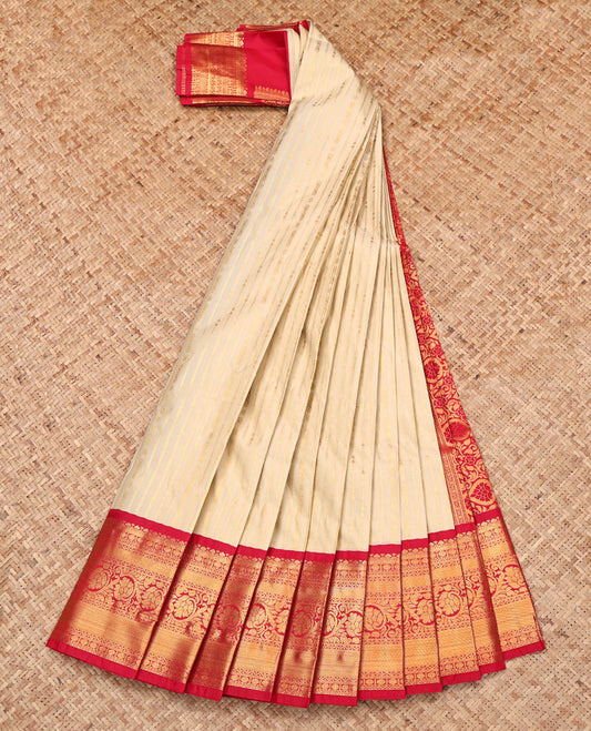 Cream Budget Silk Saree, Bedecked with Zari Stripes, Complemented by a Contrast Traditional Zari Border, Intricate Pallu, and Contrast Blouse