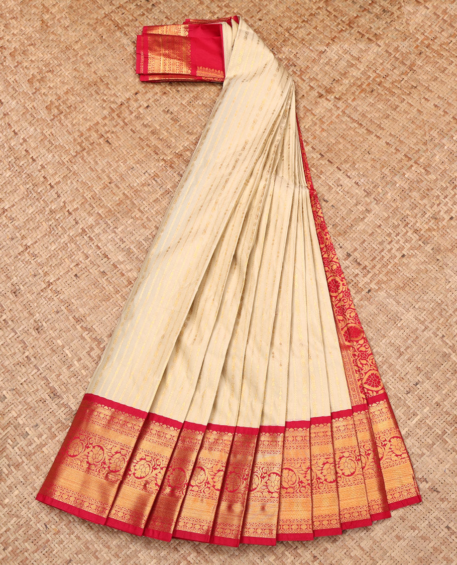 Cream Budget Silk Saree, Bedecked with Zari Stripes, Complemented by a Contrast Traditional Zari Border, Intricate Pallu, and Contrast Blouse