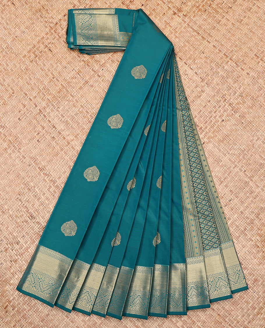 Rama Blue Budget Silk Saree Featuring Zari Buttas, Highlighted by a Traditional Zari Border, Jaal Pallu, and Matching Blouse