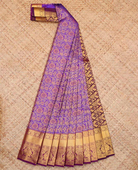 Violet Budget Silk Saree, Adorned with  Floral Vine Design, Complemented by Contrast Traditional Zari Border, a Jaal Pallu and a Contrast Blouse