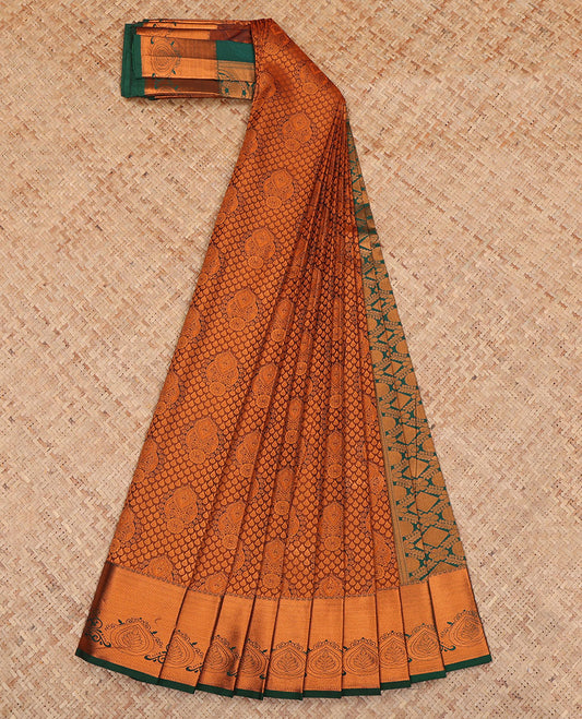 Brown Budget Silk Saree Featuring Jacquard Design, a Contrast Traditional Zari Border, Grand Pallu, and a Contrast Blouse