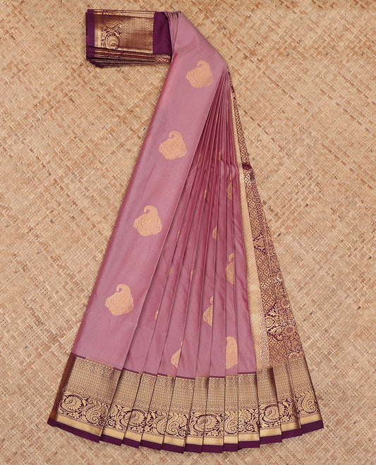 Pink Budget Silk Saree, Adorned with Paisley Buttas, Complemented by a Contrast Traditional Zari Border, Intricate Pallu, and a Contrast Blouse