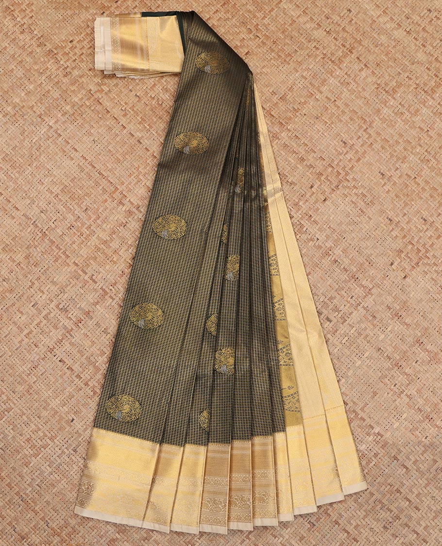 Green Budget Silk Saree, Ornamented with Peacock Buttas and Checks, a Contrast Traditional Zari Border, an Intricate Pallu and a Contrast Blouse