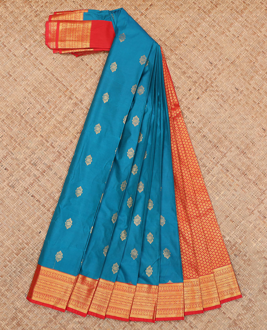 Blue Budget Silk Saree, Featuring Zari Buttas, Complemented by Contrast Traditional Zari Border, a Jaal Pallu and a Contrast Blouse