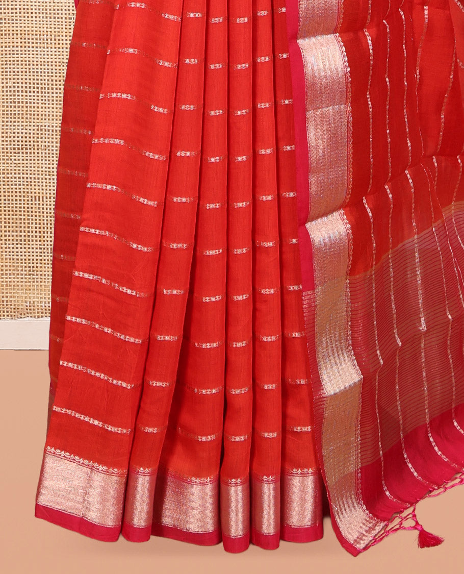Orange Assam Silk Saree, Showcasing Zari Stripes, Complemented by Semi-Contrast Zari Border,  Zari Woven Pallu, and Contrast Blouse