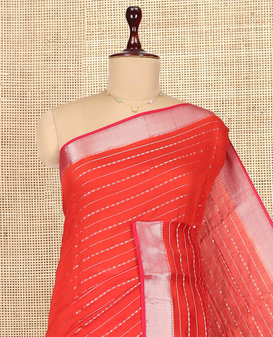 Red Assam Silk Saree, Delicately Woven Zari Stripes, Complemented by Zari Border,  Zari Woven Pallu, and Contrast Blouse