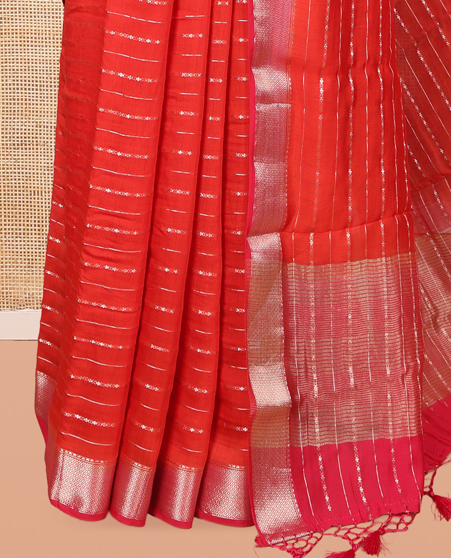 Red Assam Silk Saree, Delicately Woven Zari Stripes, Complemented by Zari Border,  Zari Woven Pallu, and Contrast Blouse