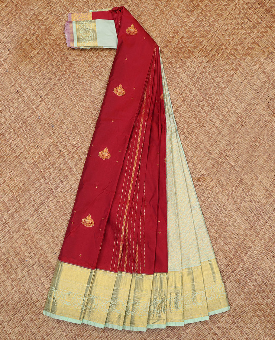 Red Budget Silk Saree, Accentuated with Zari Buttas and Stripes, Complemented by a Contrast Traditional Zari Border, Grand Jaal Pallu, and Contrast Blouse