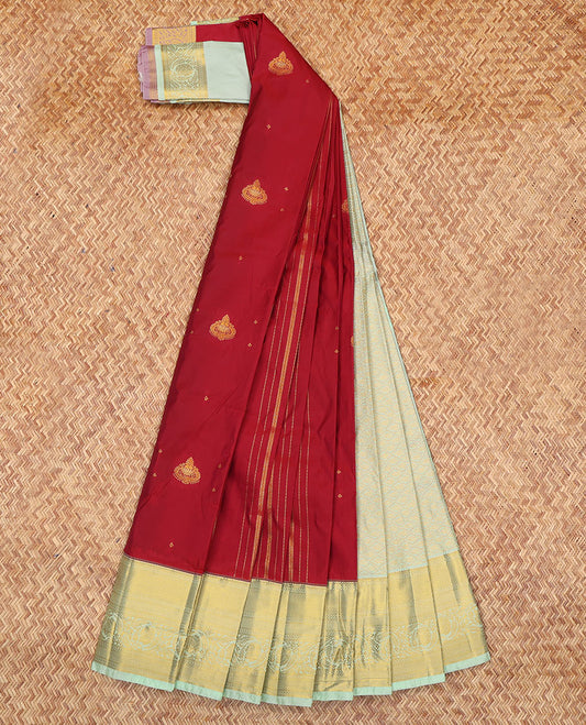 Red Budget Silk Saree, Accentuated with Zari Buttas and Stripes, Complemented by a Contrast Traditional Zari Border, Grand Jaal Pallu, and Contrast Blouse