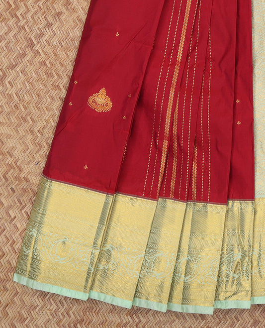 Red Budget Silk Saree, Accentuated with Zari Buttas and Stripes, Complemented by a Contrast Traditional Zari Border, Grand Jaal Pallu, and Contrast Blouse