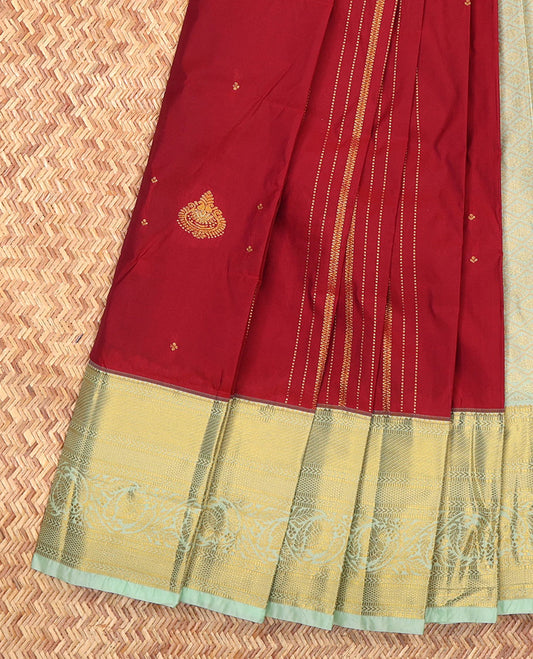 Red Budget Silk Saree, Accentuated with Zari Buttas and Stripes, Complemented by a Contrast Traditional Zari Border, Grand Jaal Pallu, and Contrast Blouse