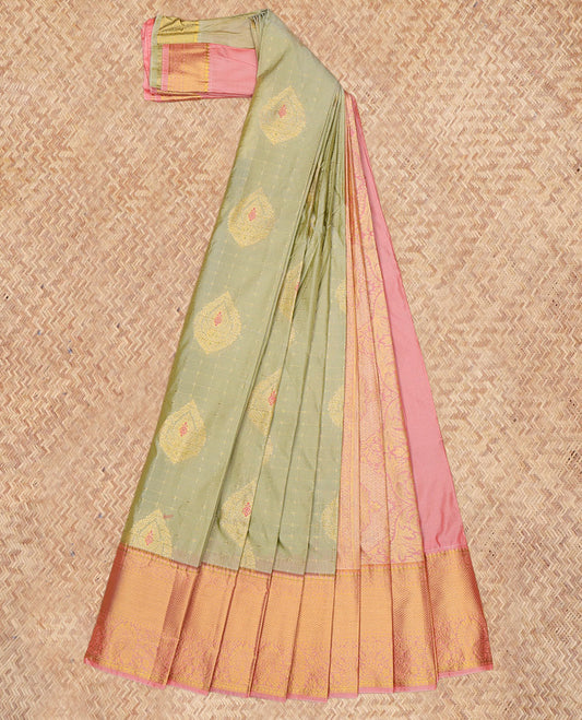 Green Budget Silk Saree, Accentuated with Zari Buttas and Checks, a Contrast Traditional Zari Border, Grand Pallu, and a Contrast Blouse
