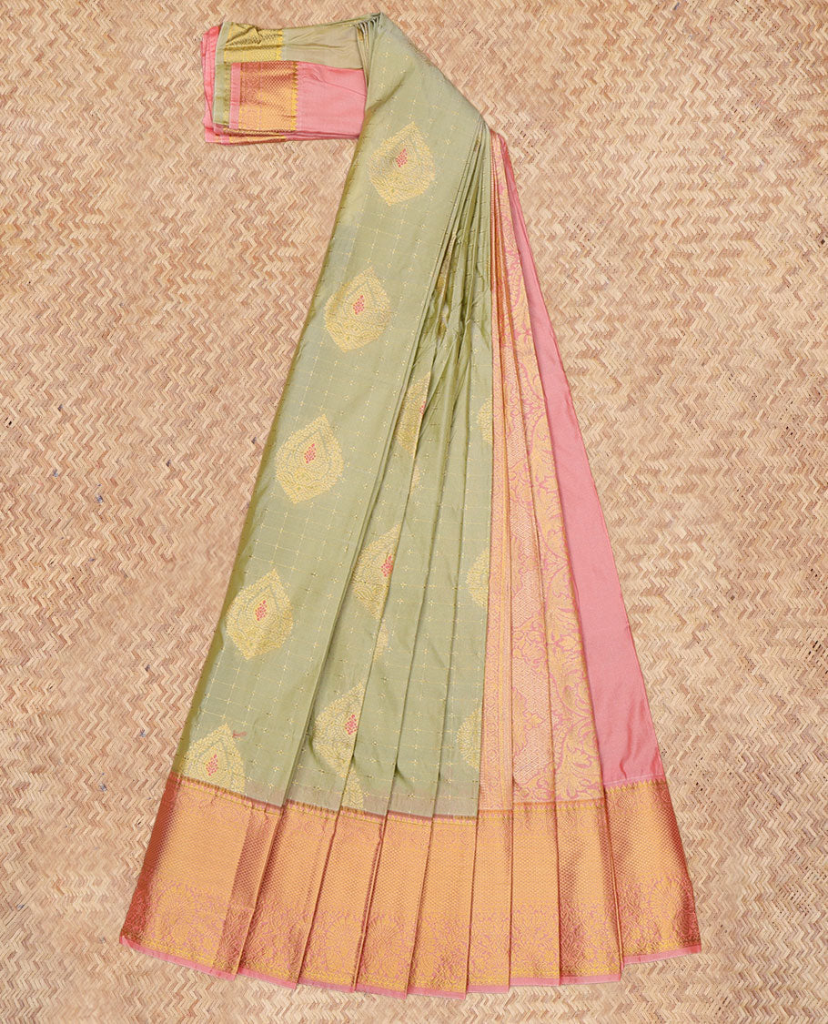 Green Budget Silk Saree, Accentuated with Zari Buttas and Checks, a Contrast Traditional Zari Border, Grand Pallu, and a Contrast Blouse