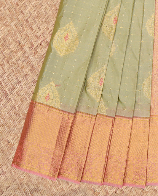 Green Budget Silk Saree, Accentuated with Zari Buttas and Checks, a Contrast Traditional Zari Border, Grand Pallu, and a Contrast Blouse