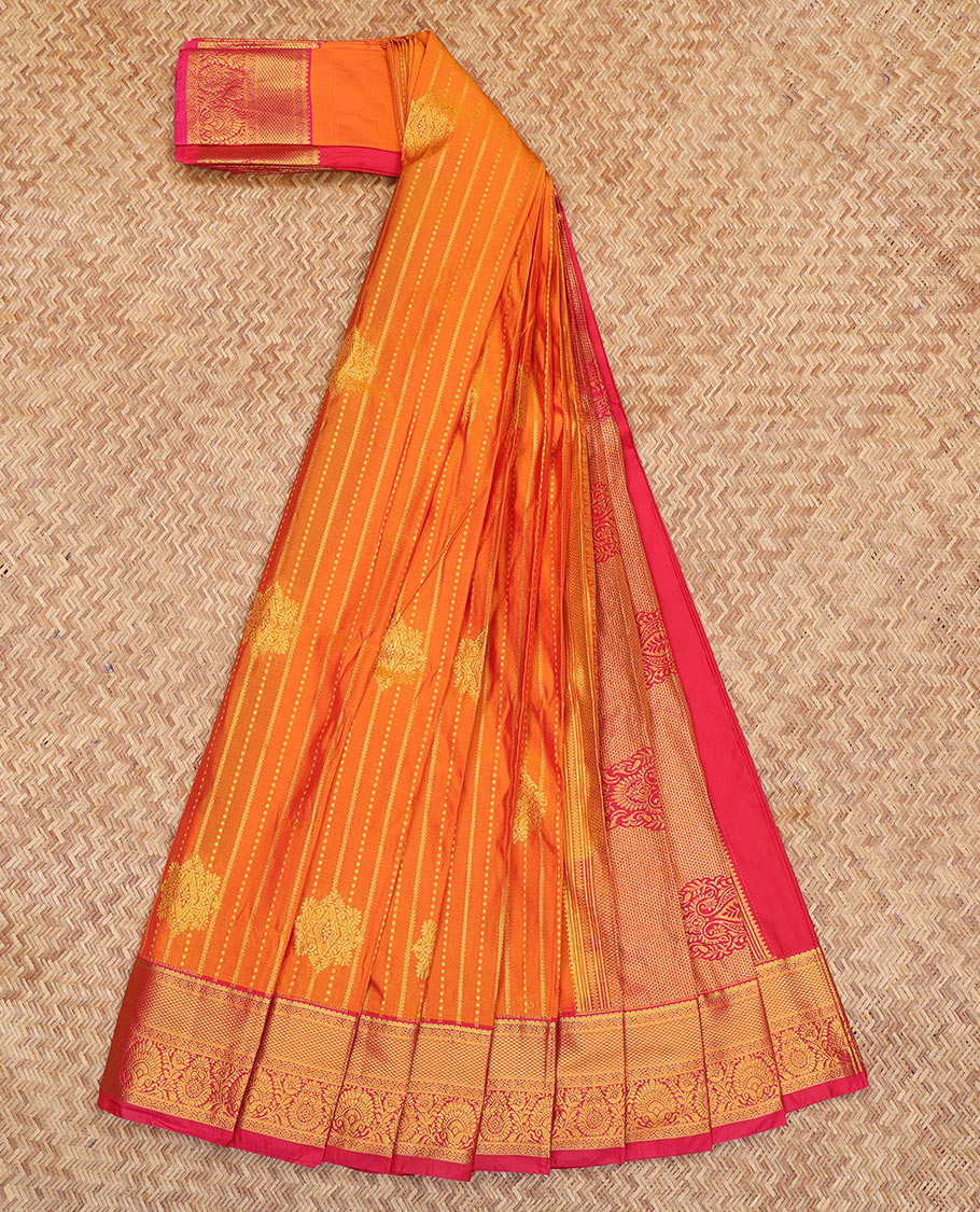 Orange Budget Silk Saree, Highlighted by Zari Designs, a Contrast Traditional Zari Border, Grand Pallu, and a Contrast Blouse