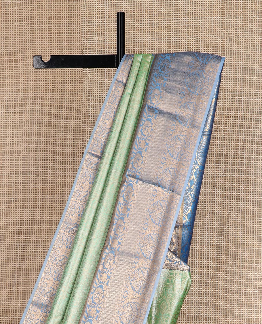 Parrot green zari jacquard budget silk saree, contrast traditional zari border, and intricate zari woven pallu