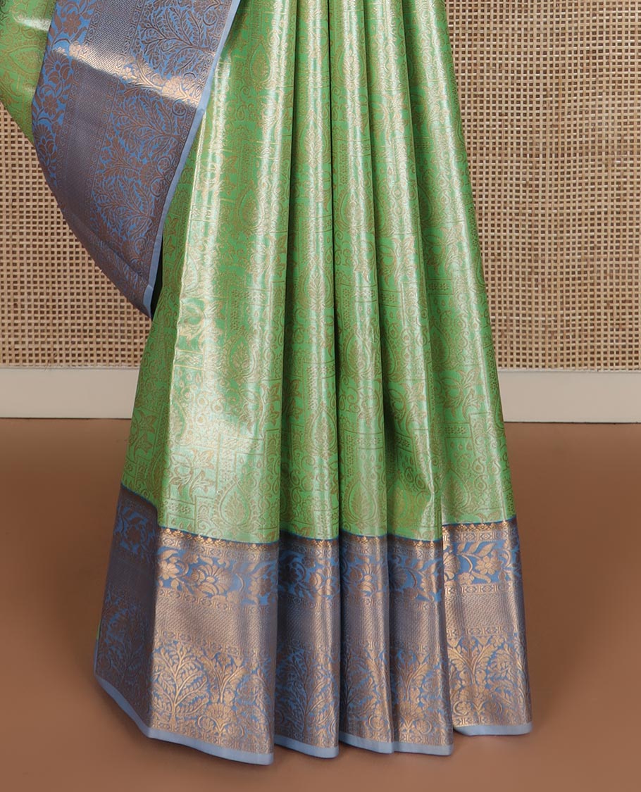 Parrot green zari jacquard budget silk saree, contrast traditional zari border, and intricate zari woven pallu