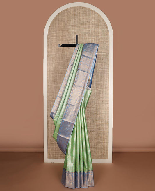 Parrot green zari jacquard budget silk saree, contrast traditional zari border, and intricate zari woven pallu