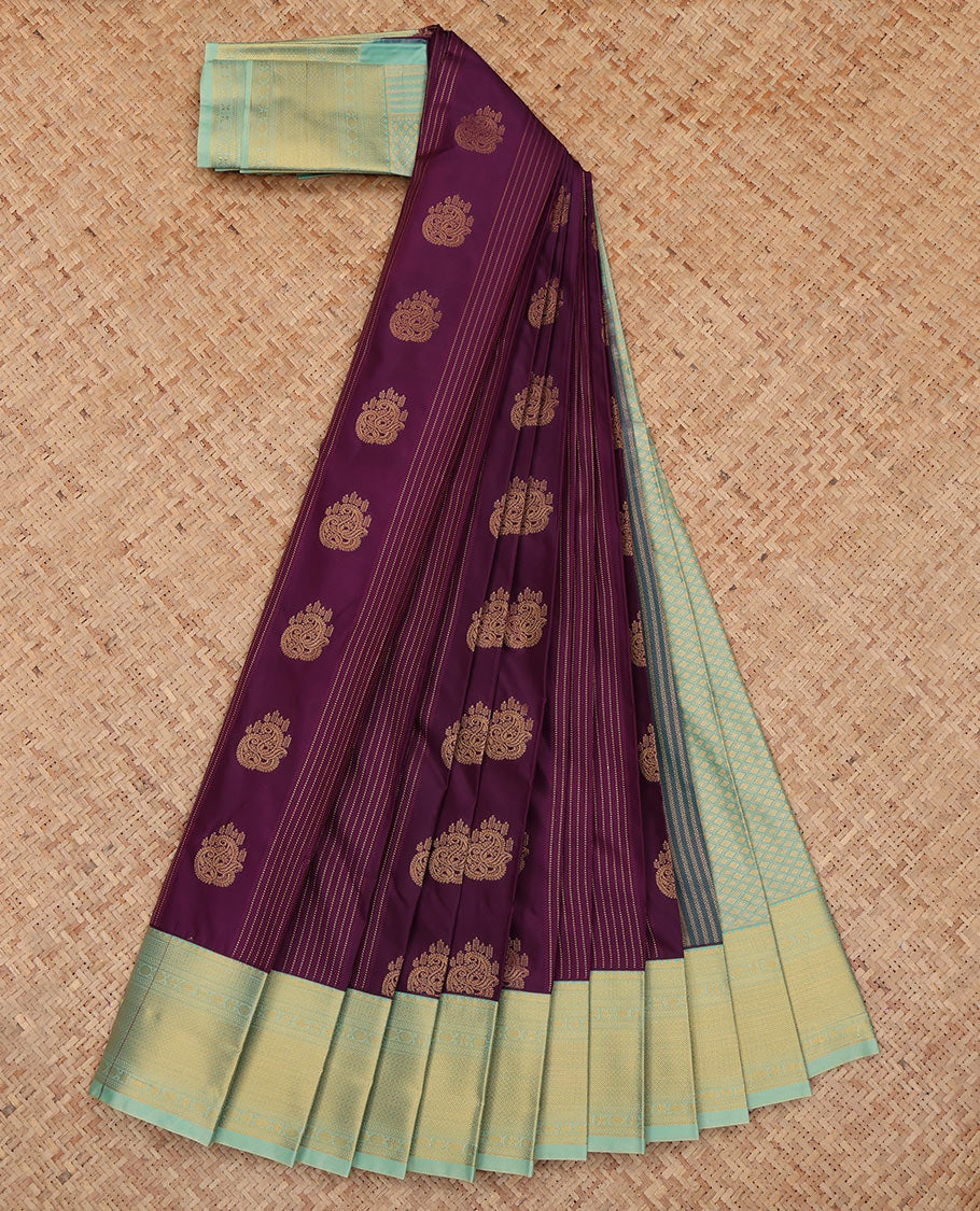 Purple Budget Silk Saree, Detailed with Zari Buttas, a Contrast Traditional Zari Border, Grand Pallu, and a Contrast Blouse