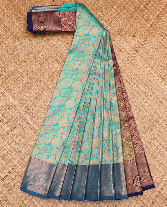 Blue jacquard gift saree, contrast traditional zari design border, and zari-rich jaal pallu