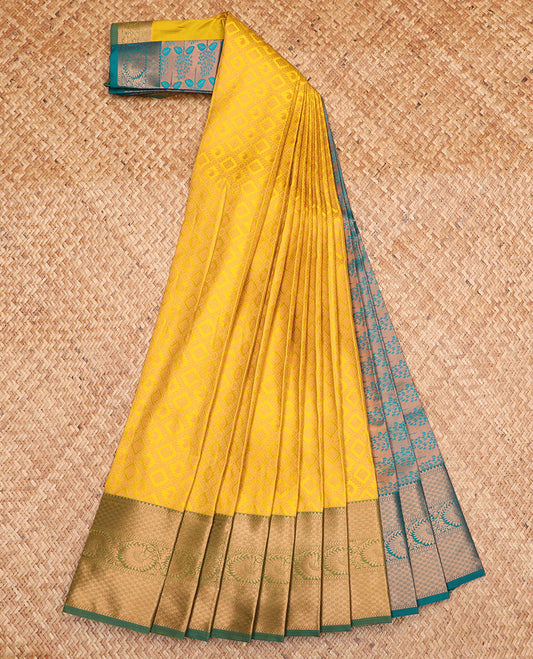 Yellow jaal jacquard gift saree, contrast traditional zari design border, and pallu of floral designs