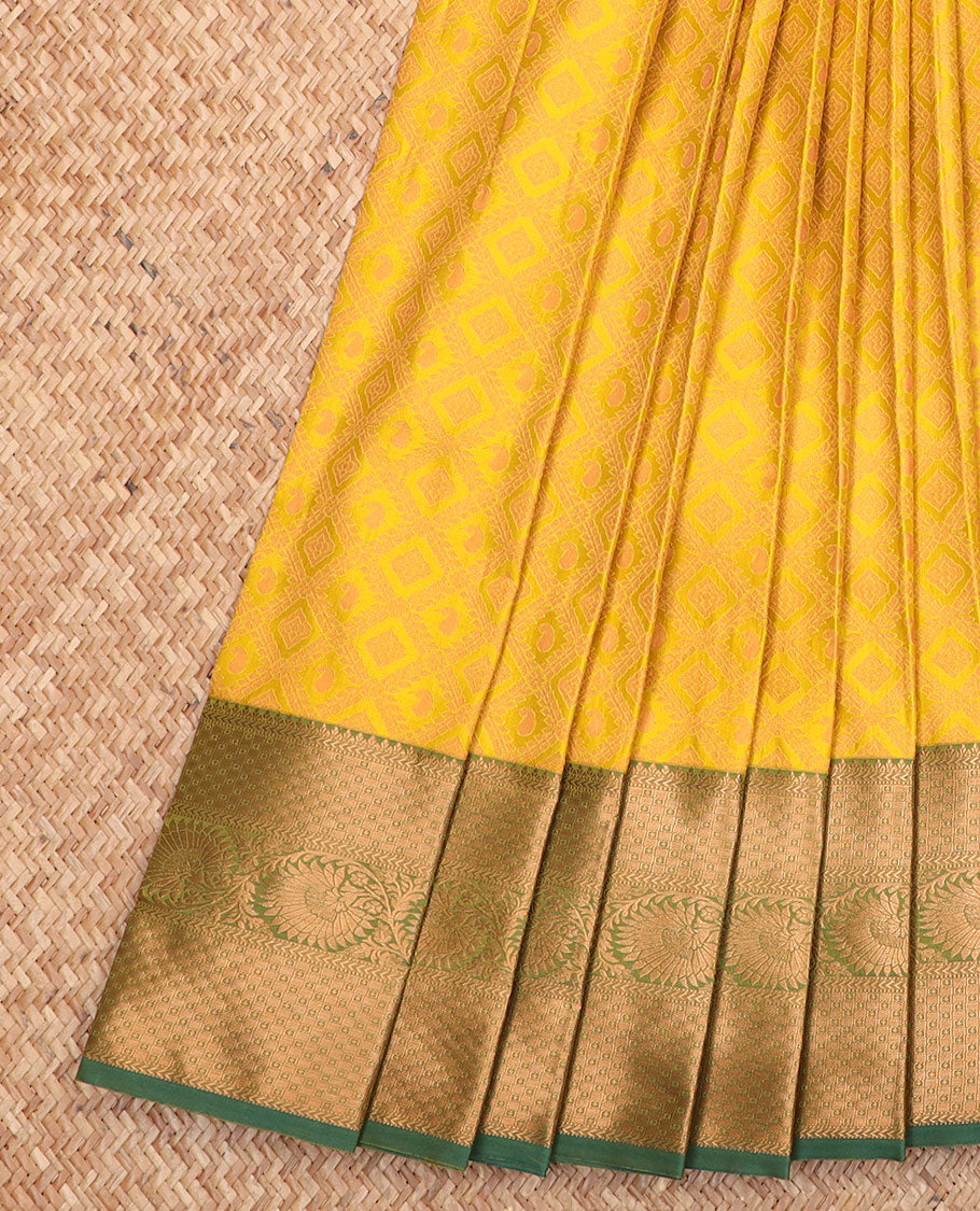Yellow jaal jacquard gift saree, contrast traditional zari design border, and pallu of floral designs