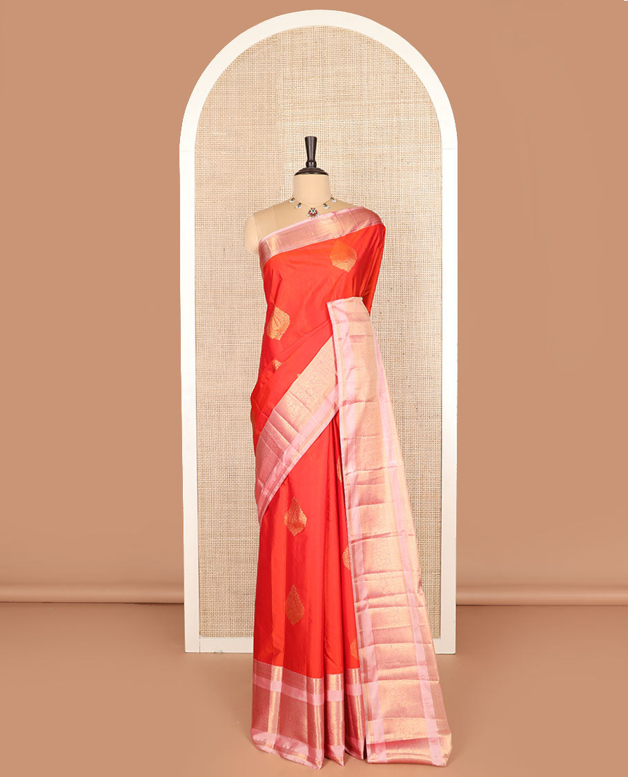 Orange zari buttas budget silk saree, contrast rettai pettu traditional zari border, and zari-rich jaal pallu