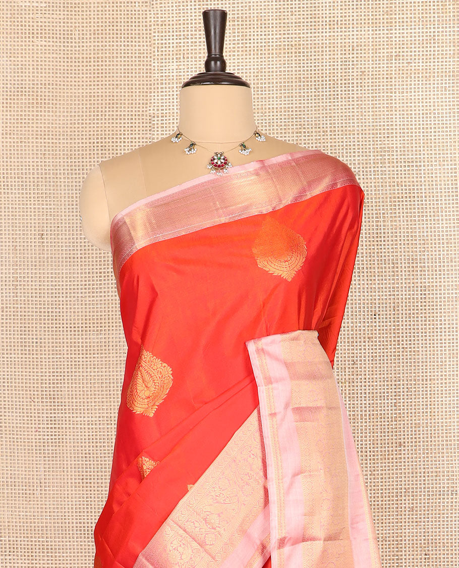 Orange zari buttas budget silk saree, contrast rettai pettu traditional zari border, and zari-rich jaal pallu
