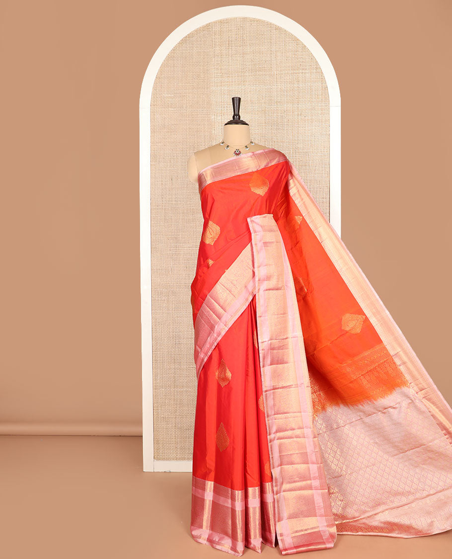 Orange zari buttas budget silk saree, contrast rettai pettu traditional zari border, and zari-rich jaal pallu