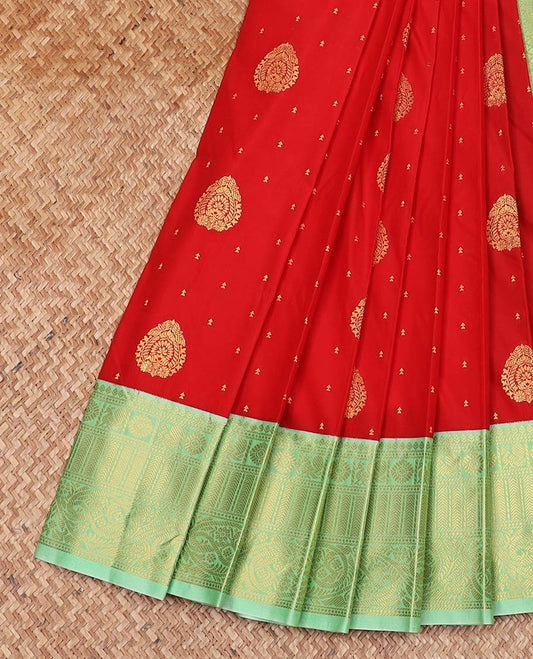 Red buttas gift saree, contrast traditional zari design border, and intricately zari woven pallu