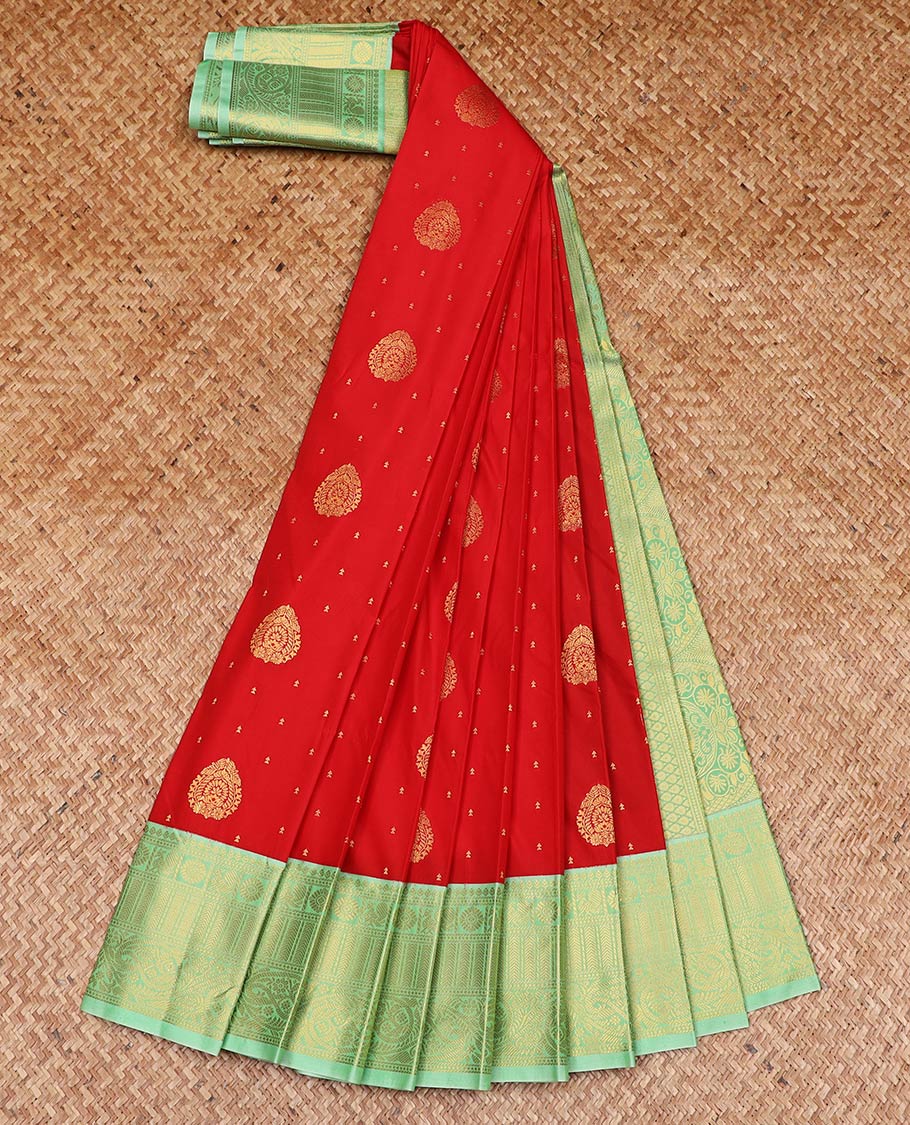 Red buttas gift saree, contrast traditional zari design border, and intricately zari woven pallu
