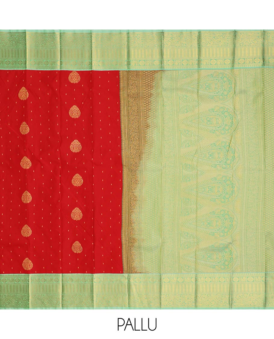 Red buttas gift saree, contrast traditional zari design border, and intricately zari woven pallu
