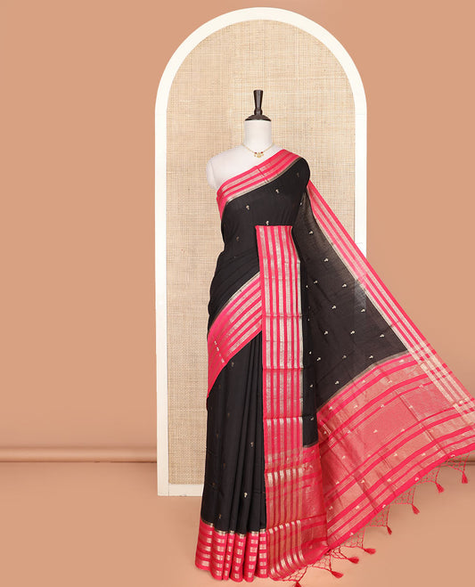 Black buttas assam silk saree, contrast traditional zari design border, and zari striped pallu